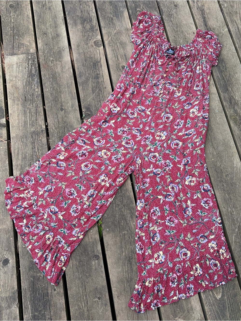ANGIE Jumpsuit Hi-Lo Rayon Floral Boho Flowy Red White Green Blue Size Medium